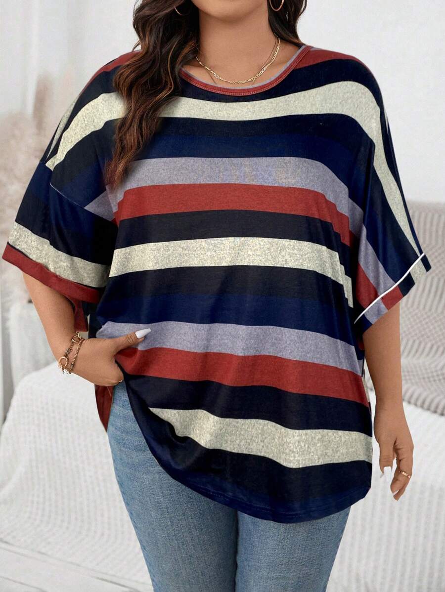 SHEIN LUNE 大码女式条纹圆领落肩休闲宽松 T 恤