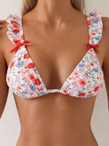 SHEIN 2025 New Women 2 Pieces Bikini Set Set With Random Floral Print, Ruffled Hem & Bow Accent, Sexy Triangle Bikini Top And Bottom, For Beach Resort Vacation In Summer