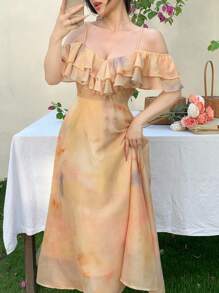 DAZY Đầm slip nữ mùa xuân mới về, họa tiết hoa, kiểu Pháp ngọt ngào thanh lịch, mang hơi hướng nghỉ dưỡng, tay bồng trễ vai, thích hợp cho lễ Phục sinh. - Màu vàng - Xem 7