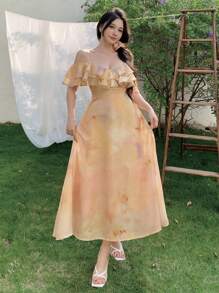 DAZY Đầm slip nữ mùa xuân mới về, họa tiết hoa, kiểu Pháp ngọt ngào thanh lịch, mang hơi hướng nghỉ dưỡng, tay bồng trễ vai, thích hợp cho lễ Phục sinh. - Màu vàng - Xem 8