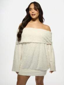 MISSGUIDED PLUS 露肩毛绒针织毛衣裙加大码冬季派对节日舒适超大长袖迷你连衣裙秋季时尚保暖优雅 - 白色 - 查看 3