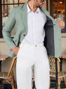 Manfinity Mode 男士纯色长袖正装西装外套，简约风格，适合夏季穿着 - 綠色 - 查看 5