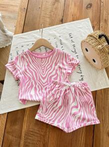 SHEIN LMoss Kids Babygirl Casual Knit Zebra Pattern Color Block Short Sleeve T-Shirt And Elastic Waist Shorts Set, Suitable For Summer