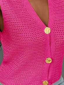 BamGleam 新款绿色金属大纽扣 V 领毛衣背心镂空开衫，性感简约休闲外套，适合秋冬春季 - 玫紅色 - 查看 7
