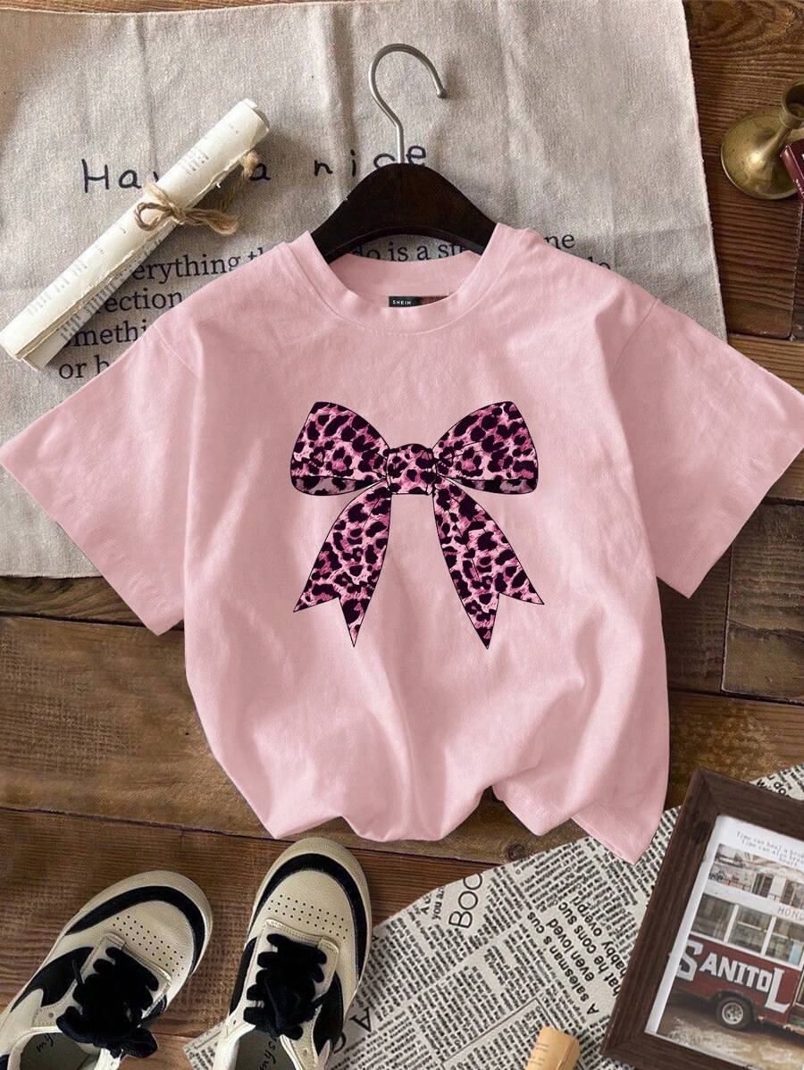 SHEIN Tween Girl Casual Minimalist Pink Short Sleeve Round Neck T-Shirt, Suitable For Spring And Summer