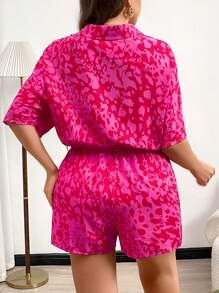 SHEIN Privé Plus Size Women All-Over Print Short Sleeve Casual Tie Front Shirt Romper - Multicolor - View 2