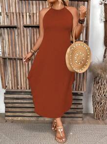 EMERY ROSE Plus Size Women's Solid Color Simple Daily Open Shoulder Dress Maxi Women Outfit - Redwood - View 3
