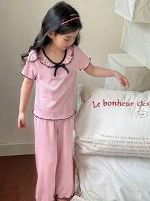 Young Girls Ruffle Bow Round Neck Short Sleeve Top And Loose Pants 2pcs Sleepwear Set - Baby Pink - View 6