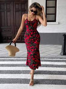 Pariaura 女士优雅花卉玫瑰印花无袖连衣裙，夏季 - 黑色 - 查看 4