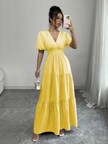 Rafferiza Elegant Casual V-Neck Ruched Flounced Hem Puff Sleeve Dress, Purple Color, Spring/Summer - Yellow - View 3