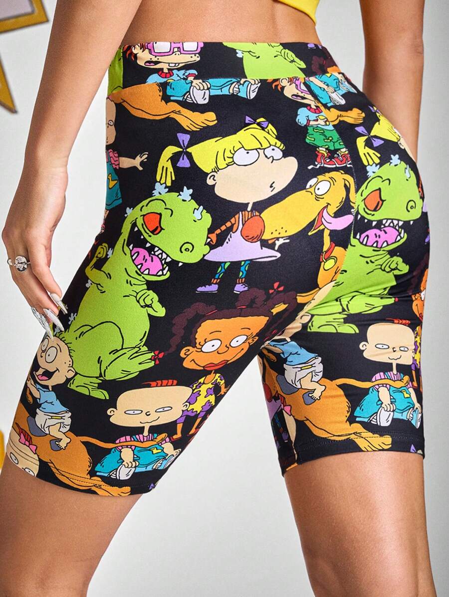 Nick 90s | SHEIN Summer Women's Black Casual Biker Shorts, Cartoon Pattern, For Daily, Going Out, Spring And Summer - Black - View 1