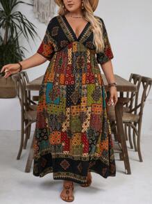 SHEIN VCAY 大码拼布印花休闲度假连衣裙 - 彩色 - 查看 6