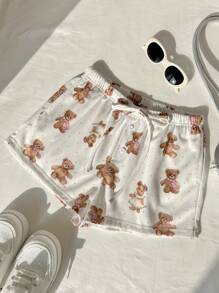 Lunelith SHEIN Lunessa Women's Cute Bear Floral Print Shorts, For Spring/Summer Home Wear