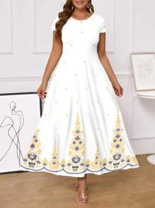 SHEIN Clasi 大码休闲复古图案中长连衣裙，适合夏季 - 金色 - 查看 1