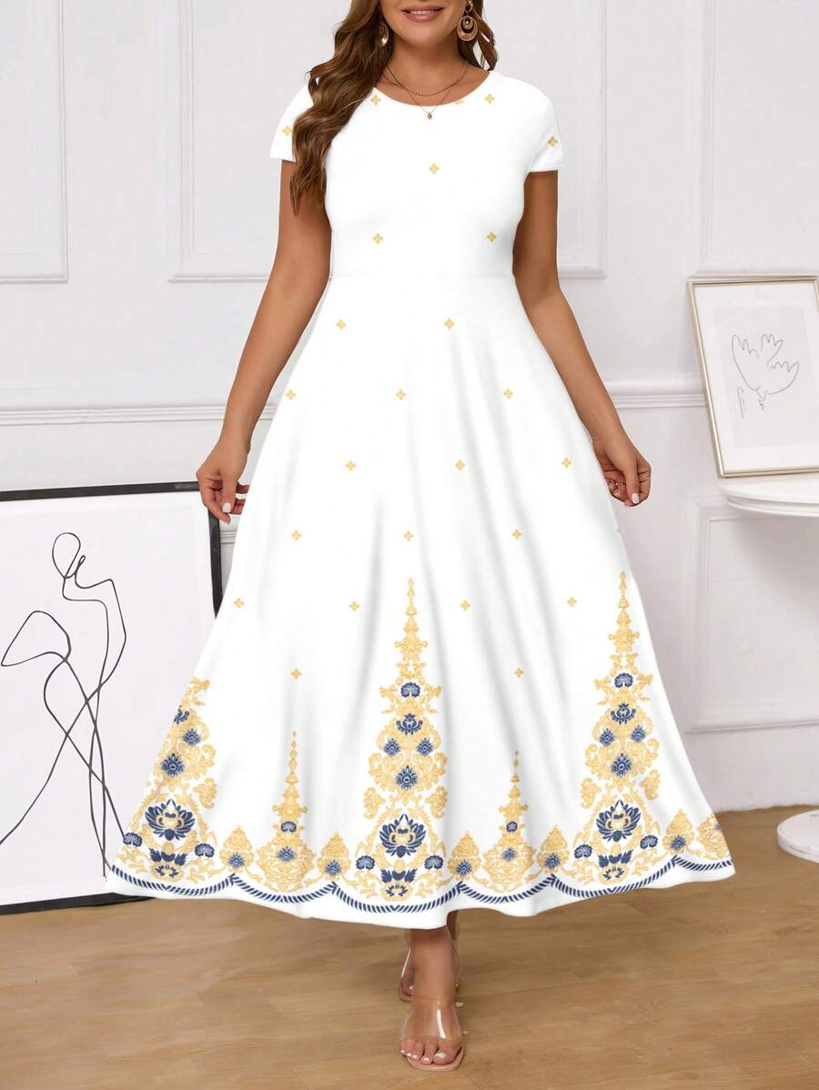 SHEIN Clasi 大码休闲复古图案中长连衣裙，适合夏季 - 金色 - 查看 1