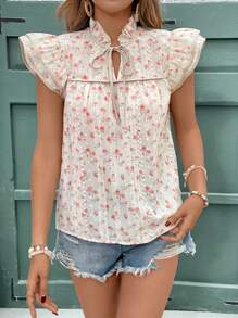 SHEIN Frenchy Women's Vacation Ditsy Floral Ruffle Sleeve Tie-Neck Blouse Summer Flower - Apricot - View 3