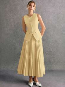 Poéselle 秋冬女士纯色无袖背心和裙子套装（两件套）奶油黄 - 黃色 - 查看 2