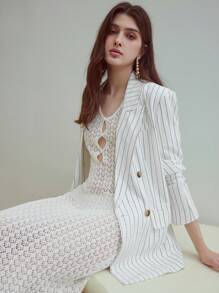 MOTF STUDIO LINEN STRIPED DOUBLE BREASTED BLAZER