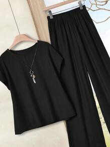 Rusticease 2 件套女士纯色圆领短袖衬衫和阔腿裤套装 - 黑色 - 查看 5