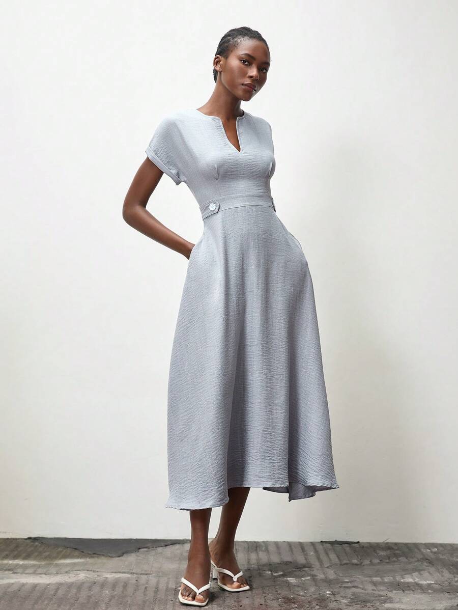 Lumivelle Women's V-Neck Batwing Sleeve Solid Color Waisted Knee-Length Dress - Grey - View 1