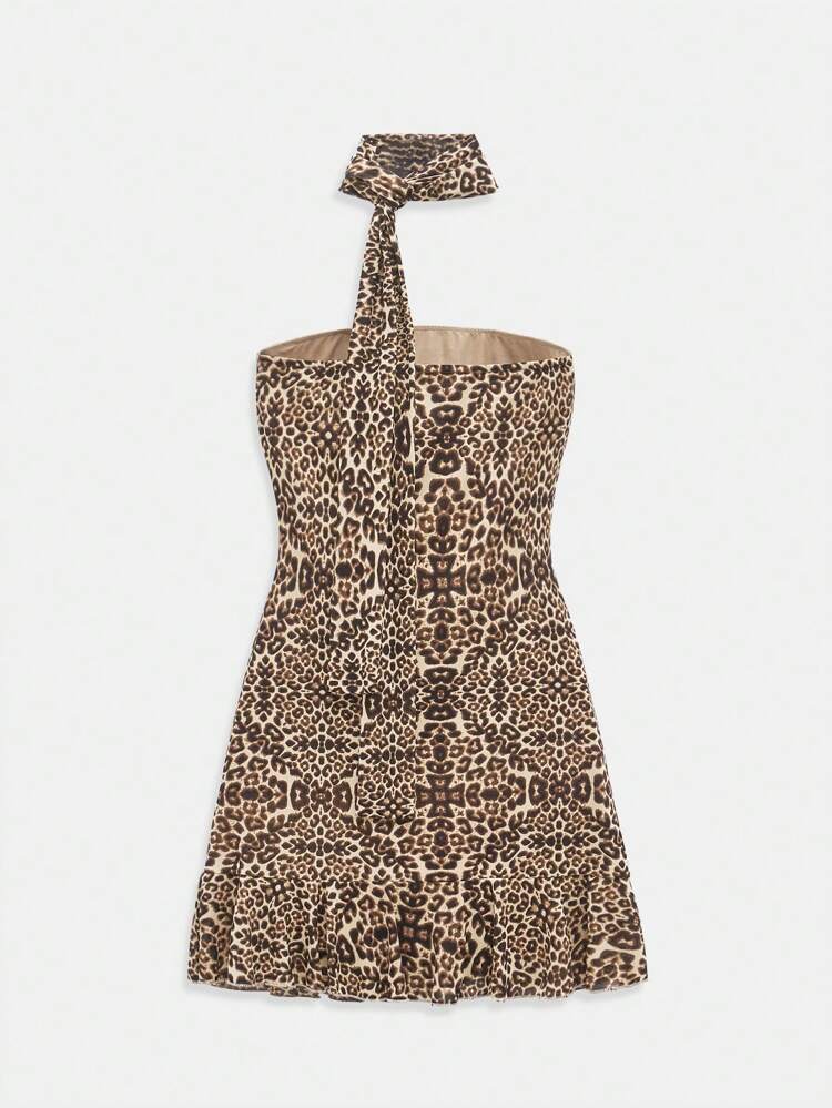 SHEIN Maija 2025 Summer New Office Chic Elegant Outfit Flounce Collar Leopard Print Ruffle Hem Music Festival Beach Vacation Everyday Casual Romantic Urban Resort Suitable For Outings, Parties, Weddings, Guests, Vintage Style, Graduation Season Women Dress