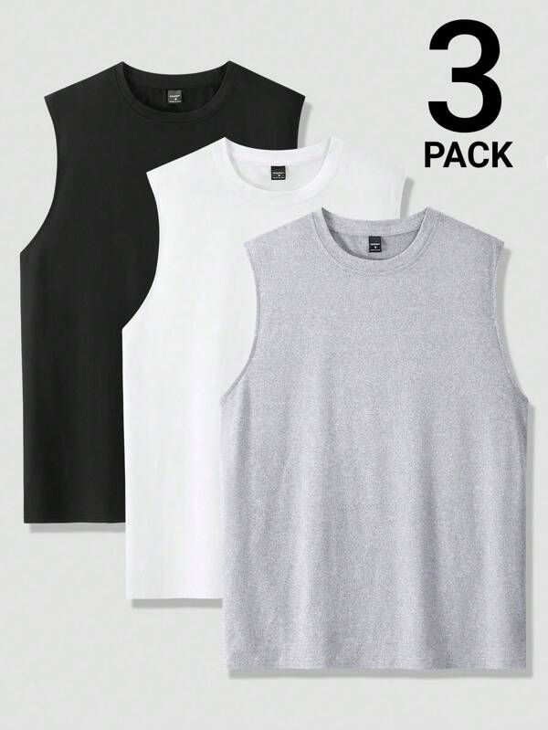 Manfinity Homme Men's 3Pcs Round Neck Tank Tops , Sleeveless Plain Going Out Basic Husband