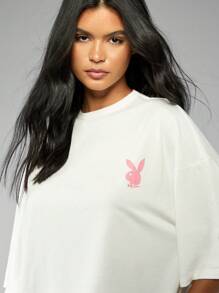 Missguided x Playboy Oversized T-Shirt Half Sleeve Streetwear Loungewear Casual Pink Bunny Logo Cotton Blend Urban Fashion Everyday Essential Spring Summer - White - View 5