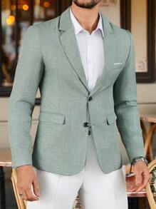 Manfinity Mode 男士纯色长袖正装西装外套，简约风格，适合夏季穿着 - 綠色 - 查看 3