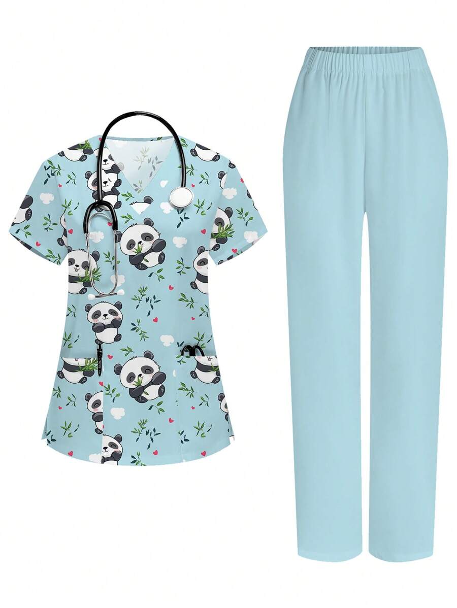 PopScrub 可爱熊印花护士制服套装，带手术上衣和裤子运动套装 女士手术套装 女士手术印花 V 领磨砂手术上衣，休闲短袖工作服，女式甜心 V 领褶皱衬衫，女式短袖 V 领护士制服衬衫，带 2 个口袋，柔软弹力褶皱图案 T 恤 女式 V 领短袖双口袋可爱卡通动物粉色心形兔子印花简约护士制服套装/医生工作制服套装/检查和手术制服套装/纯色宠物美容工作制服套装/营养师工作制服短袖套装/功能性多口袋实验室工作制服套装