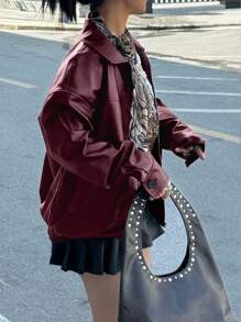 Women Plus Size Loose Fit Moto Biker Jacket, Vegan Leather, Black, Autumn/Winter Fall Cloth For Women