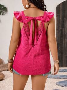 SHEIN Clasi Plus Size Pleated Textured Tie-Front V-Neck Ruffle Trim Cutout Back Summer Vacation Blouse - Hot Pink - View 3