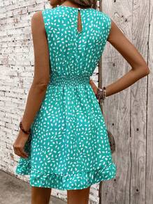 Breezaya Sleeveless Vest-Style Women's Dress - Waist-Cinched Shirring Design, Stone Flower Printed Fabric Slimming Midi Dress; Solid Color Spaghetti Strap Halter Neck Women's Dress