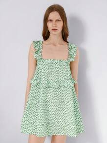 SHEIN Unity 随机碎花女式夏季休闲度假风格自然清新绿色花卉荷叶边无袖短款背心裙 - 綠色 - 查看 5