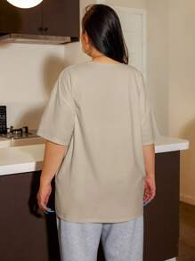SHEIN EZwear 大码女式纯色圆领落肩休闲 T 恤 - 棕色 - 查看 2