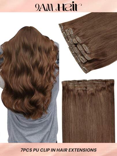 7 PIEZAS Extensiones de cabello humano Remy de 18-22 pulgadas con clip, color rojo marrón #333, para disfraces de Halloween