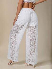 SHEIN PETITE White Lace Hollow Tight Flared Pants (With Lining), Nomadic , Romantic Vacation Casual Retro Style - White - View 2