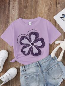 SHEIN Camiseta de manga corta y cuello redondo minimalista informal para niñas preadolescentes, apta para primavera/verano