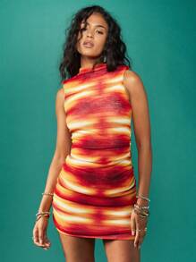 MISSGUIDED Sunset Ruched Mini Dress Tie Dye Pattern Bodycon Design Party Club Night Out Summer Festival Dress Y2K Fashion Statement Form Fitting Halter Style - Multicolor - View 6