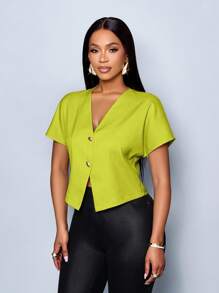 SOLERSUN Áo cánh tay ngắn thanh lịch cổ chữ V màu trơn có nút kim loại viền bất đối xứng cho nữ - màu xanh lá - Xem 5