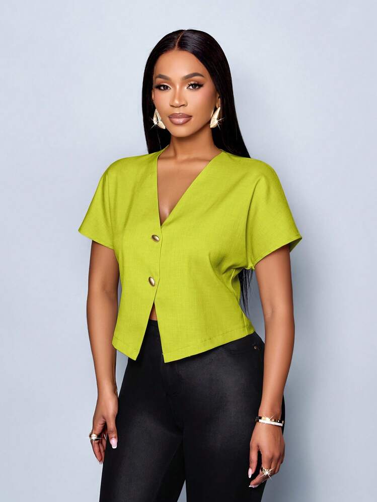 SOLERSUN Blusa elegante de manga corta con cuello en V, botones