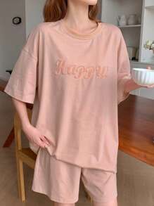 DAZY Conjunto de pijama de mujer con camiseta holgada de unicolor con patrón bordado de letras y pantalones cortos relajados