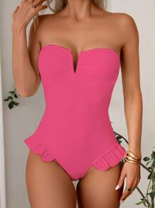 Swim Mod Women's Ruffled Simple One Piece Swimsuit For Summer Vacation, Elegant & Sexy - Hot Pink - View 5