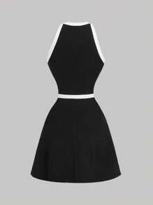 SHEIN MOD Abito con collo rotondo, decorato con fiocco, senza maniche, a blocchi di colori bianco e nero, impreziosito da bottoni