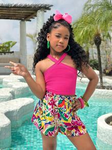 SHEIN Tween Girls' Solid Knit Halter Tank And Ditsy Floral Straight Shorts Set, Easter