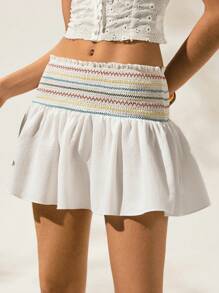 Easelle Spring/Summer Women's Vacation Casual Frill Trim Smocked A-Line Mini Skirt - White - View 1