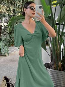 Serisse Women's Solid Color Pleated Short Sleeve Elegant Dress For Holiday,Summer Dresses For Women Party Green Vacation Casual - Green - View 5