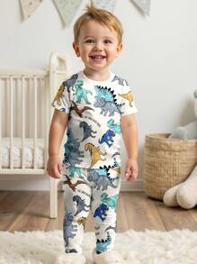 Young Boy Casual Minimalist Snug Fit Round Neck Short Sleeve Pajama Set, Comfortable For All Seasons