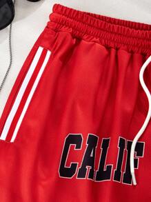 SHEIN Explorewe 1 件青少年休闲短款篮球字母印花宽松运动半短裤 - 紅色 - 查看 3