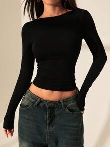 SHEIN PETITE Backless Lace Stitching Backless Women's T-Shirt Top. Sexy Date Wear Suitable For Summer.