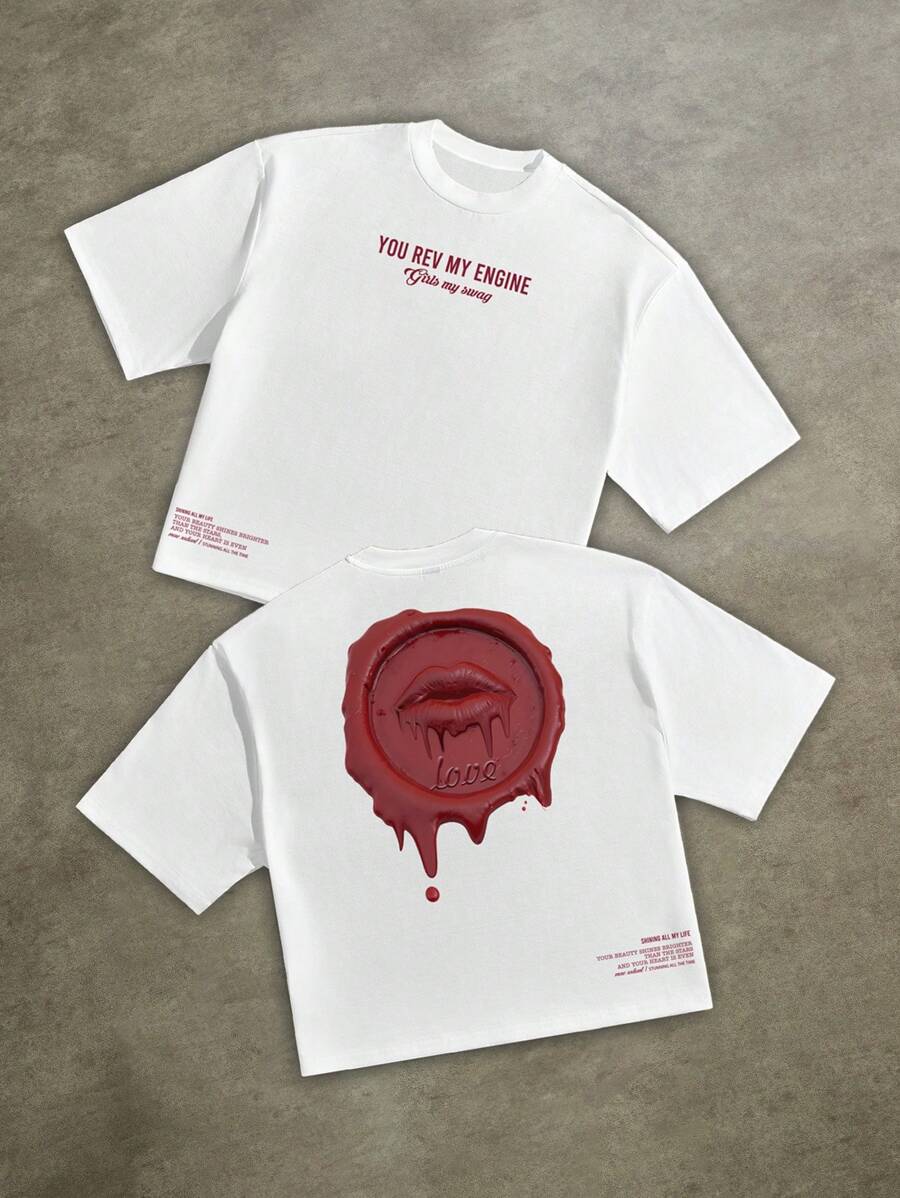 Manfinity EMRG Camiseta suelta de hombre con estampado casual de calle, vela grande y labios sellados